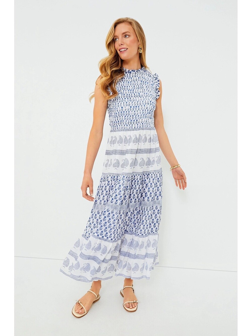 Oliphant Exclusive Flora Blue Sleeveless Smocked Maxi Dress